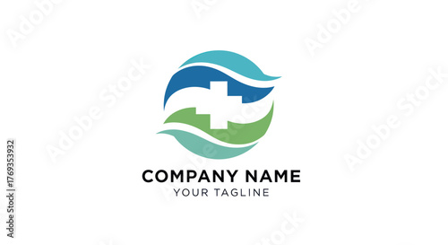 Abstract Medical Cross Logo Design with Green and Blue Waves.