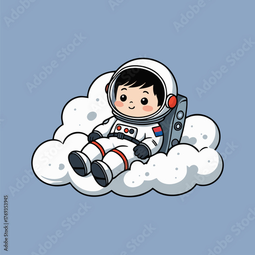 A playful depiction of a cute astronaut reclining on a fluffy cloud, with a tiny spaceship toy in hand, as soft rainbows and shooting stars create a magical backdrop in the cosmos.