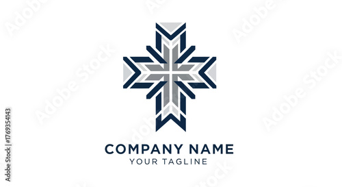 Modern geometric cross logo design with an intricate arrow pattern.
