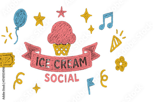 Ice cream social event banner featuring colorful decorations and fun elements to invite attendees