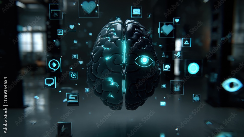 Fototapeta premium An abstract image of a digital brain surrounded by virtual icons, showcasing the concept of technology and intelligence