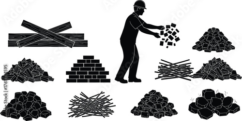 Silhouette vector illustration of construction worker handling different building materials including wood, bricks, rocks, logs, teamwork, safety, architecture, and industry
