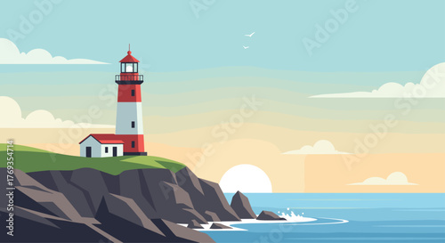 Beautiful sunrise over ocean with lighthouse on rocky cliff, peaceful scenery for travel posters and coastal designs, evoking serenity and adventure