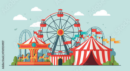 A vibrant fair with a carousel, ferris wheel, roller coaster and a big top tent - celebrate fun days out with family and friends