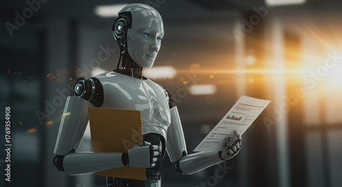 An elegant and futuristic robotic figure, stands focused, carefully reviewing documents in a contemporary setting.