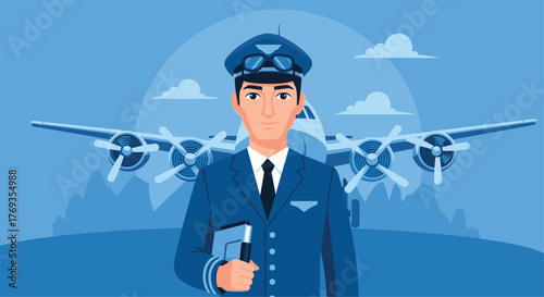 Confident airline pilot ready for flight in front of airplane with aviation handbook in hand for travel adventure and safe journey ahead