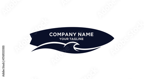 Creative surfboard and ocean wave graphic symbol for a company logo.