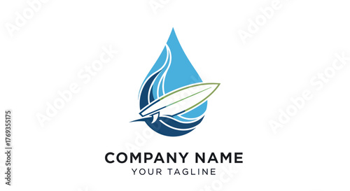 Surfboard in a Water Drop Logo Design.
