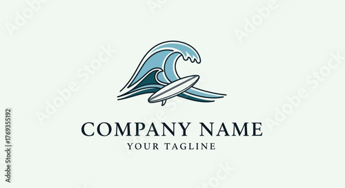 Surfboard riding the crest of a powerful ocean wave logo design.