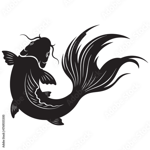 Stylized black silhouette of a koi fish with flowing fins