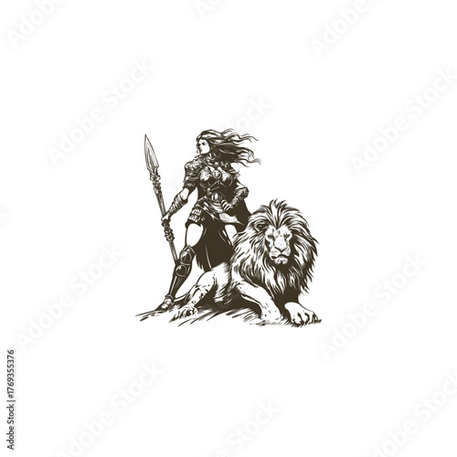 Vintage engraving style illustration of a majestic female warrior, fully armored and holding a decorative spear, standing confidently beside a calmly resting, powerful lion