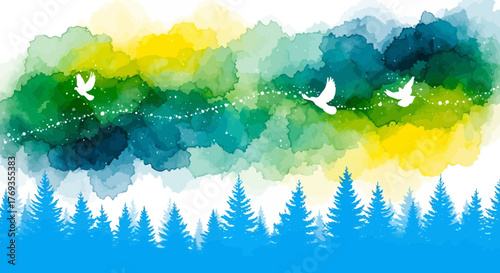 Abstract watercolor landscape with silhouette of pine trees and flying birds against a vibrant green and yellow sky, symbolizing freedom and natures beauty