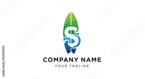 Surfboard Logo Design with Letter S and Waves.