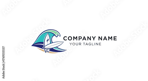 Modern surfing logo with a stylized blue ocean wave and surfboard.