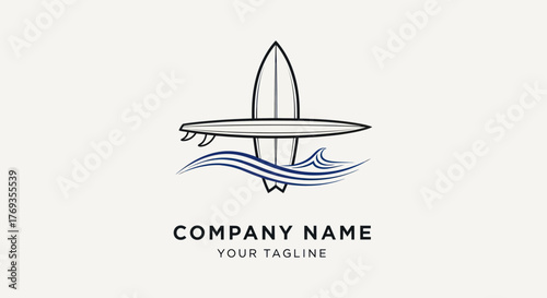 Surfboard Logo Design with Waves, Minimalist Style for Water Sports Brand.
