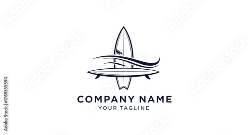 Surfboard logo design with ocean wave graphic element.