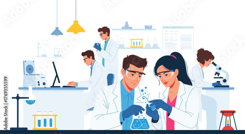 Dynamic team of scientists conducting research in modern lab, discovering innovative solutions for global health challenges, advancing medical breakthroughs