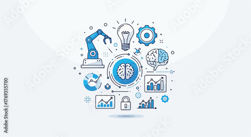 Conceptual illustration of artificial intelligence with icons for automation, data, and innovation.