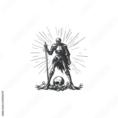 Vintage engraving style illustration of an undead skeleton knight in ragged medieval armor, wielding a large sword and standing triumphantly on a pile of human skull and bones