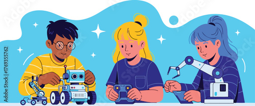 Three children engaged in a robotics project, building and programming robots with enthusiasm and focus.