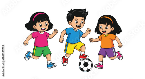 Smiling children having fun playing soccer together outside, promoting healthy lifestyles and team spirit with active kids in colorful clothing