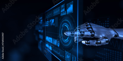 Robotic Hand Operating Futuristic Data Interface in Artificial Intelligence and Machine Learning Environment. 3d render.