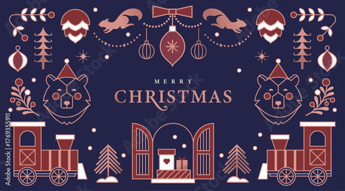 Christmas vector illustration with rose gold and brown Christmas elements on blue background. Season's greeting design for banner, poster, cover, greeting card.

