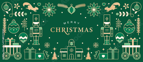 Luxury Christmas vector illustration with golden outline Christmas elements on green background. Season's greeting design for banner, poster, cover, greeting card.


