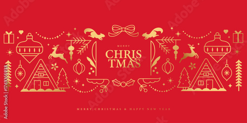 Luxury Christmas vector illustration with golden outline Christmas elements on red background. Season's greeting design for banner, poster, cover, greeting card.

