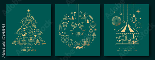 Luxury Christmas vector illustration with golden Christmas elements on green background. Season's greeting design for banner, poster, cover, greeting card.


