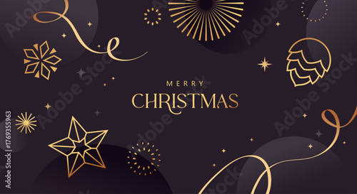 Luxury Christmas vector illustration with golden outline Christmas hanging ornaments on blue background. Season's greeting design for banner, poster, cover, greeting card.

