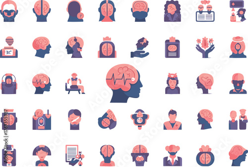 Mental Health, Brain Function, and Psychology Flat Icon Set: Stress, Therapy, and Cognitive Care Vector