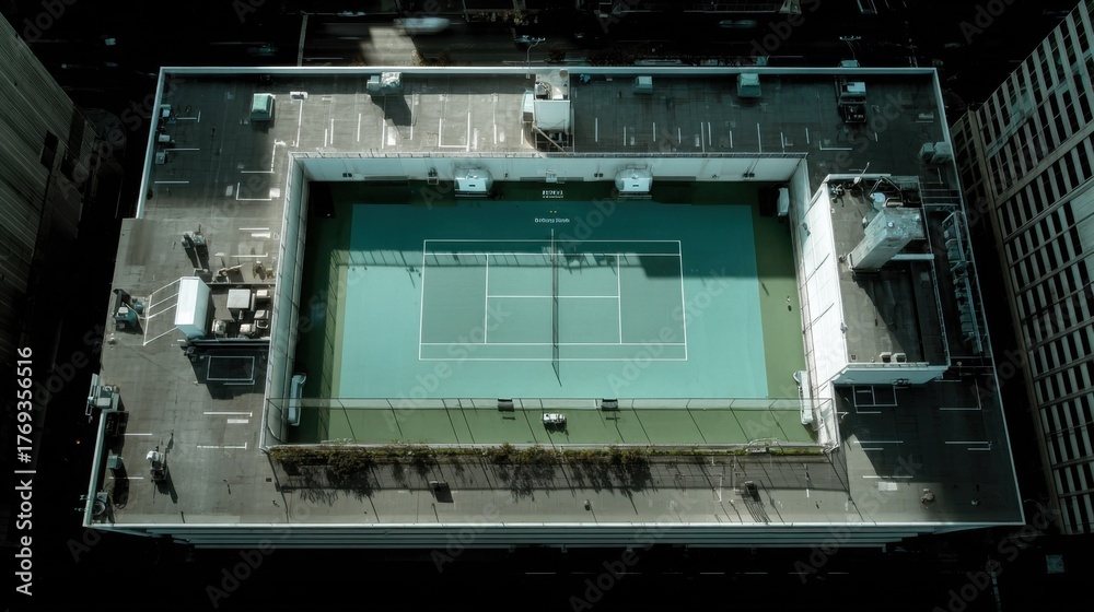 Fototapeta premium An aerial view captures a tennis court on a rooftop