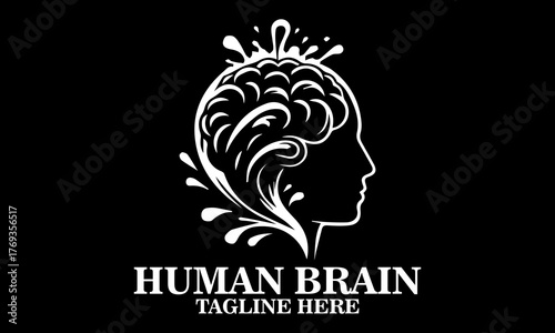 silhouette vector of a human brain merging with flowing abstract water waves, deep thinker vector illustration and deep thinker logo