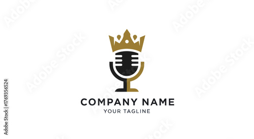 Golden Crown on Microphone Logo for Podcast and Music.
