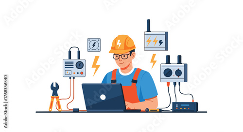 Electrical engineer with laptop doing maintenance work, ensuring safety and efficiency in energy systems, perfect for modern industry visuals