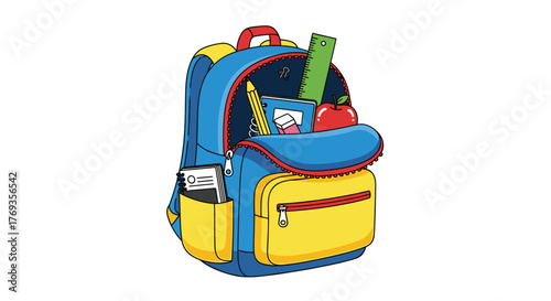 Vibrant blue and yellow backpack filled with school supplies ready for students, perfect for back to school promotions and education content