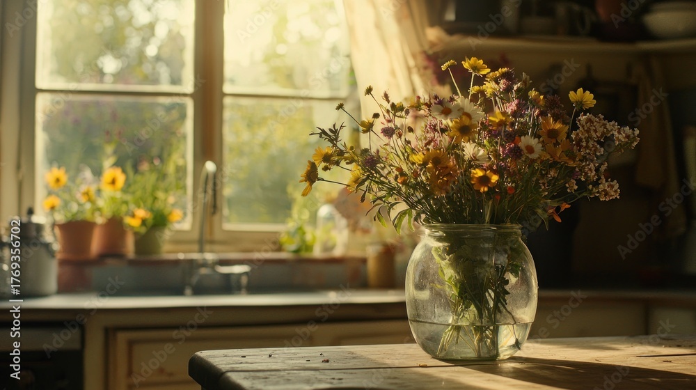 Fototapeta premium Sunlit rustic kitchen with wildflowers in glass jar.