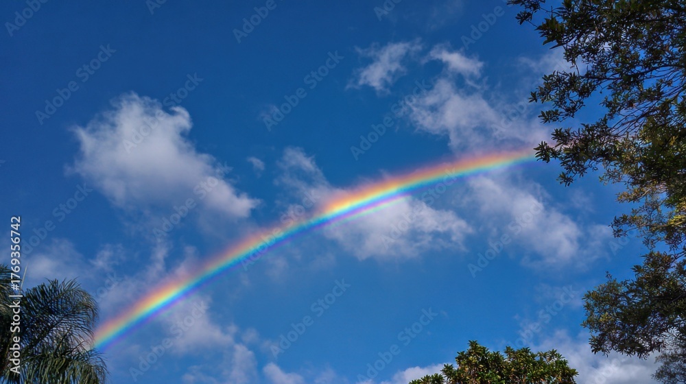 Naklejka premium A vibrant rainbow arcs gracefully across a bright blue sky, adorned with fluffy white clouds, creating a scene of hope and beauty.