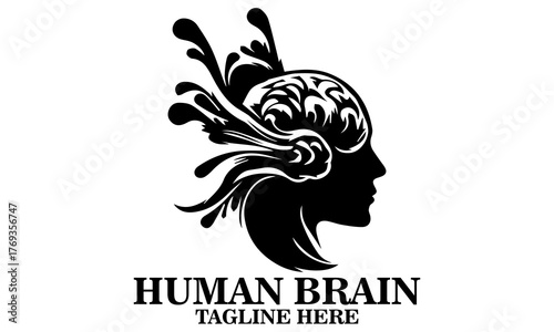 silhouette vector of a human brain merging with flowing abstract water waves, deep thinker vector illustration and deep thinker logo