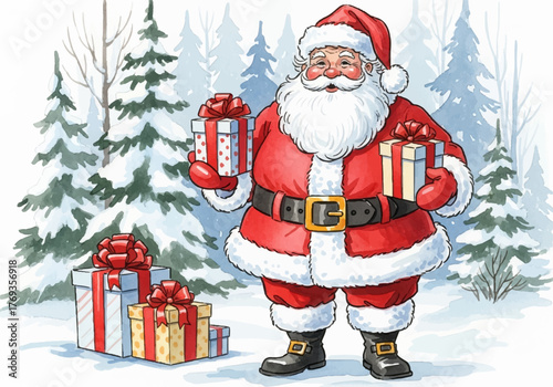 Festive Watercolor Santa Claus Illustration with Gifts and Snowy Trees