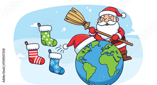 Santa Claus sweeping around the world to deliver Christmas gifts and fill stockings with holiday cheer for every child on Earth