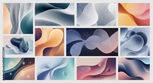 A set of 12 abstract, fluid, gradient backgrounds with a modern, minimalistic design.