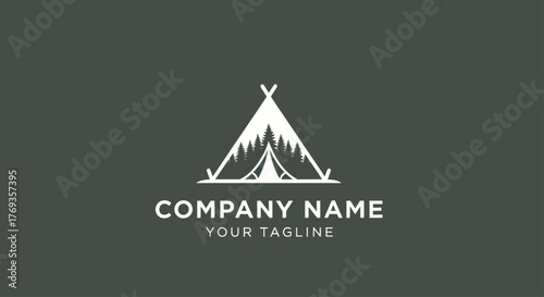 Outdoor adventure camping logo design with teepee and mountains.