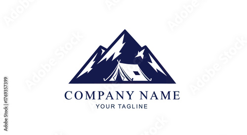 Camping Adventure Logo with Mountains and Tent Design for Outdoor Enthusiasts.