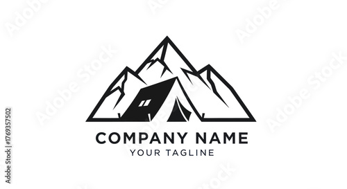 Camping adventure logo with mountain and tent design for outdoor activities.