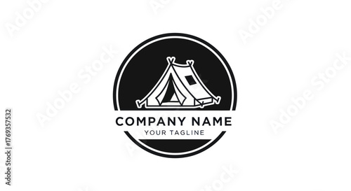 Vintage camping tent logo design in a circular stamp style.