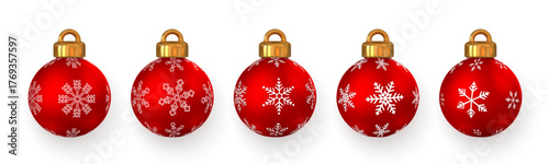 Red Christmas Balls With White Snowflake Patterns And Golden Tops On White Background. Festive Holiday Decoration Design For Winter Celebration. Vector Illustration