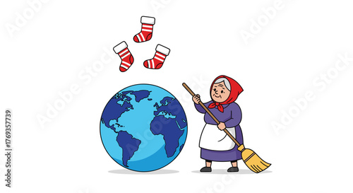Global Christmas cleaning lady cartoon with socks and globe illustration for holiday season marketing and seasonal events promotion, fun and colorful
