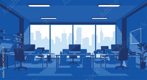 Modern open plan office interior bathed in blue with city skyline view, perfect for corporate backgrounds or startup culture promotions